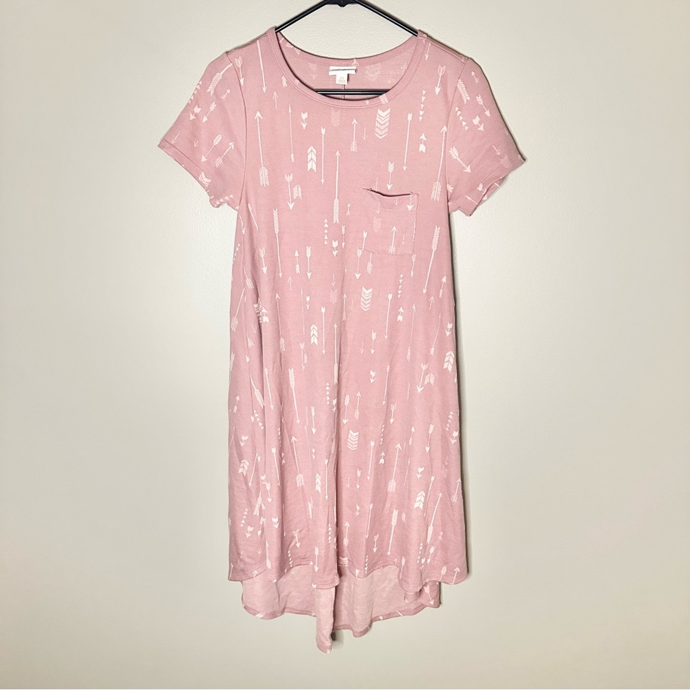 LuLaRoe Carly Pink Midi Dress with White Arrow Pattern